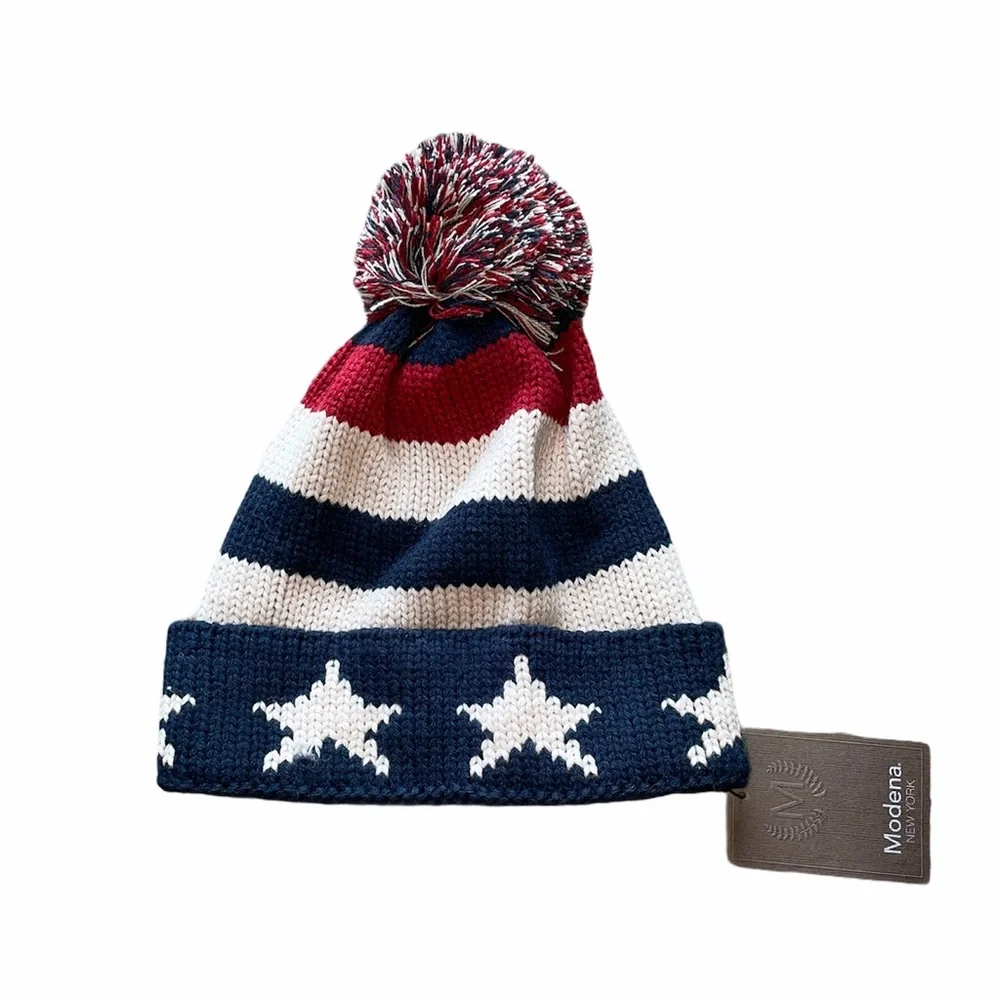 NWT Modena New York Striped Star PomPom Beanie